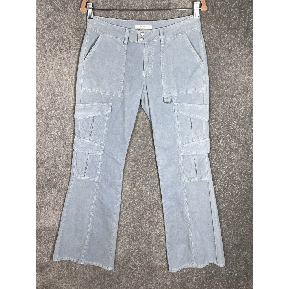 PacSun Low Rise Raver Flare Corduroy Pants Womens Sz 26 Pale Blue Cargo Pockets